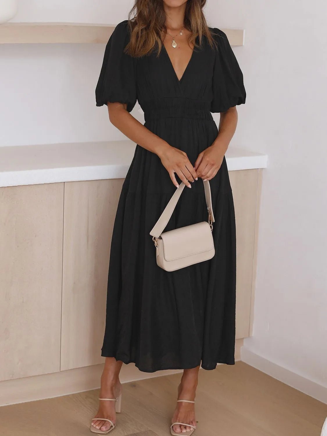 V-Neck Puff Sleeve Midi Dress - Lookzlike