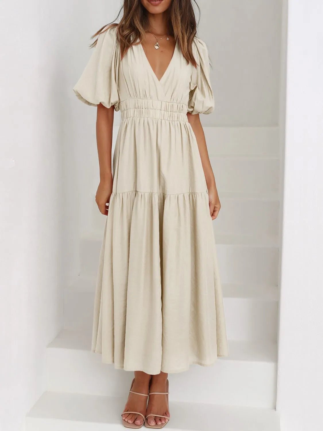 V-Neck Puff Sleeve Midi Dress - Lookzlike