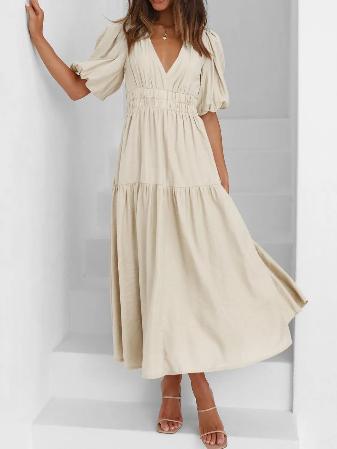 V-Neck Puff Sleeve Midi Dress - Lookzlike
