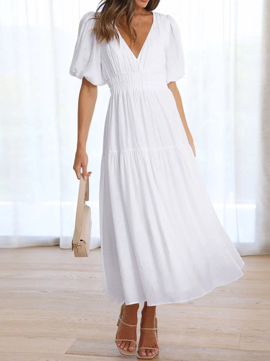 V-Neck Puff Sleeve Midi Dress - Lookzlike