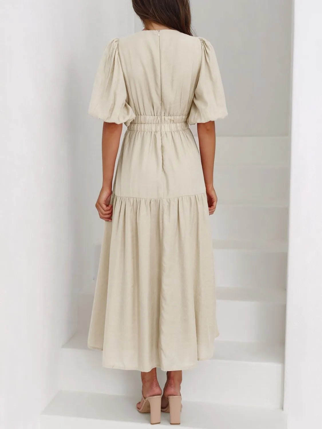 V-Neck Puff Sleeve Midi Dress - Lookzlike