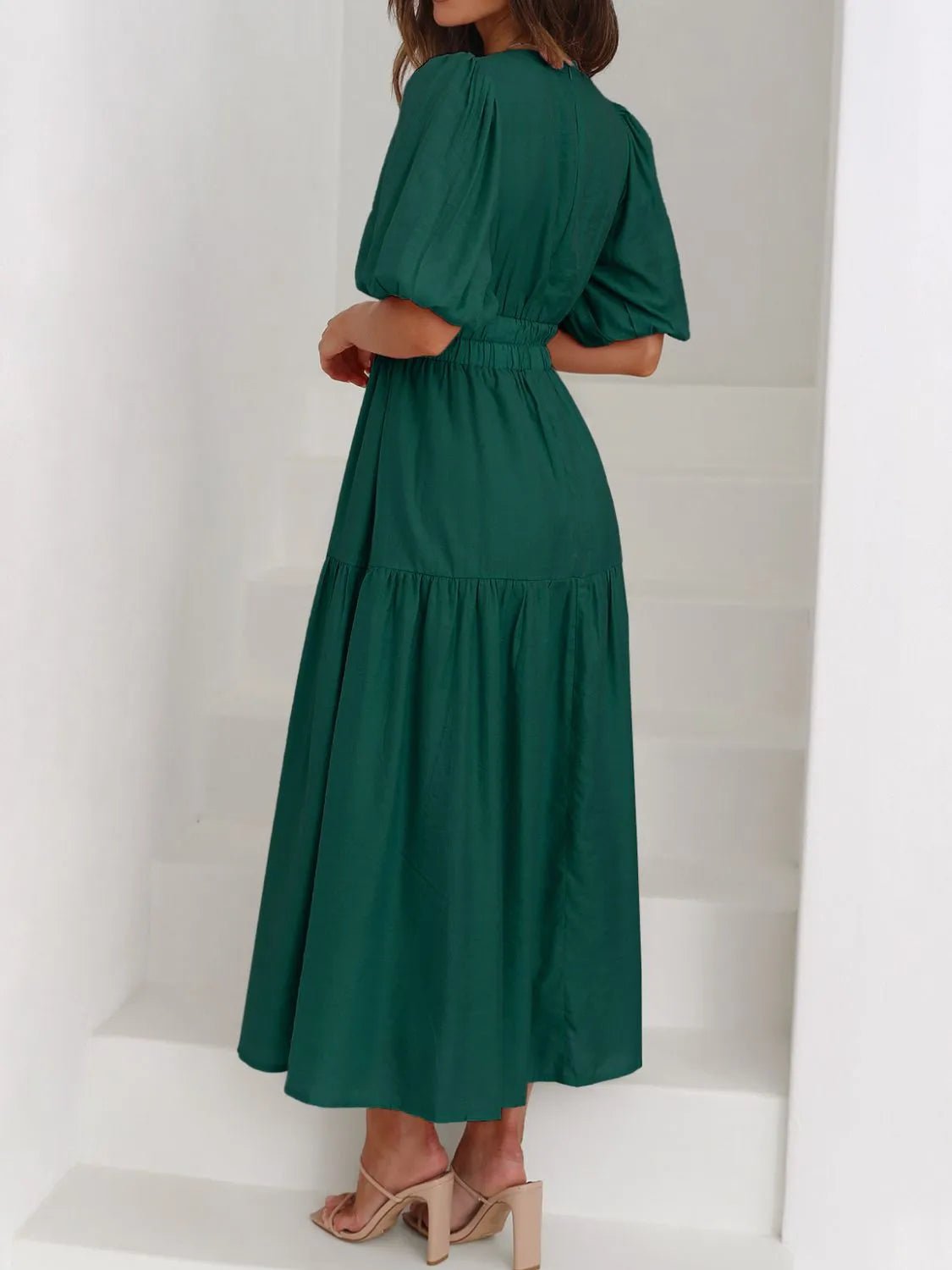 V-Neck Puff Sleeve Midi Dress - Lookzlike