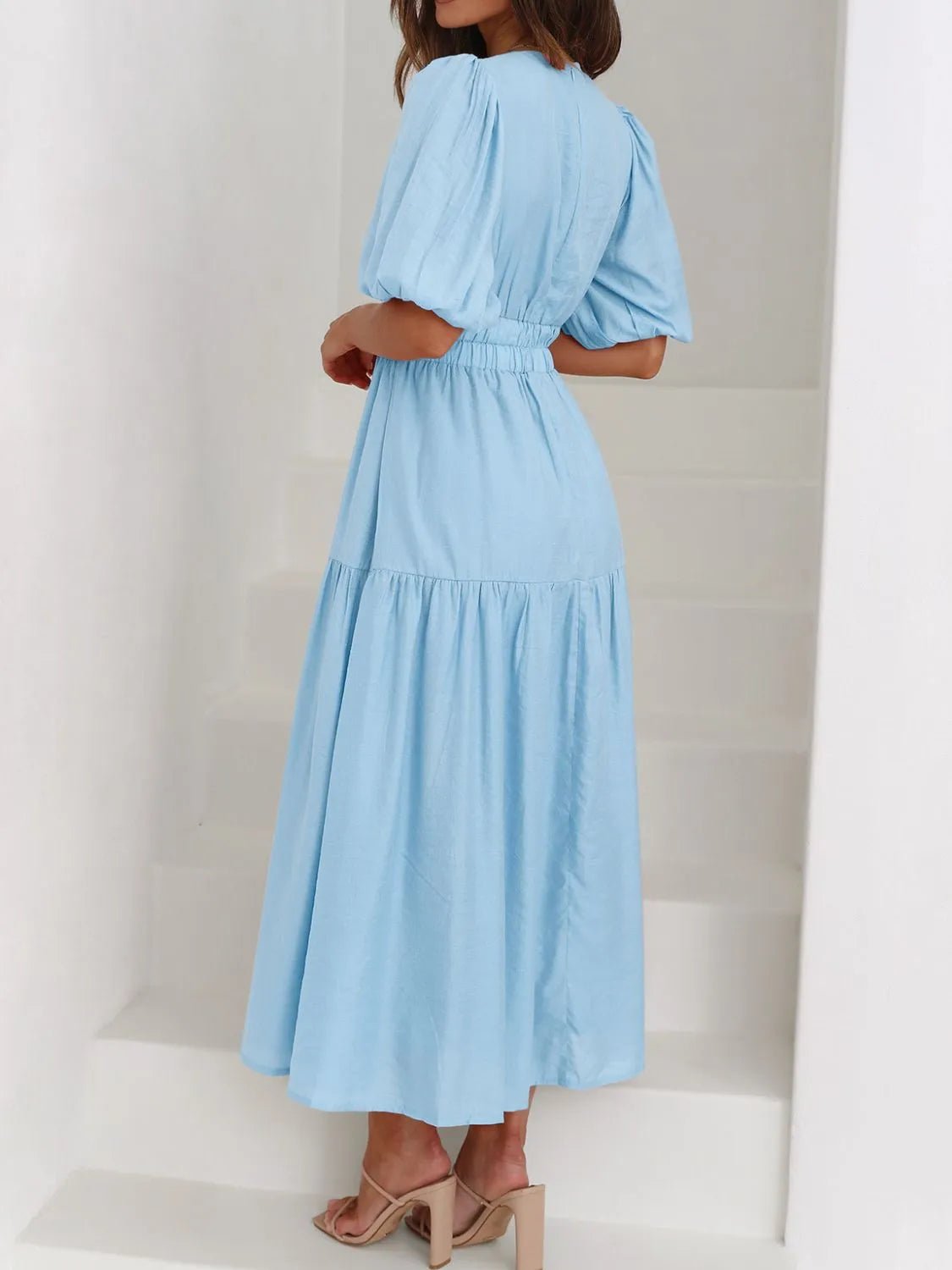 V-Neck Puff Sleeve Midi Dress - Lookzlike