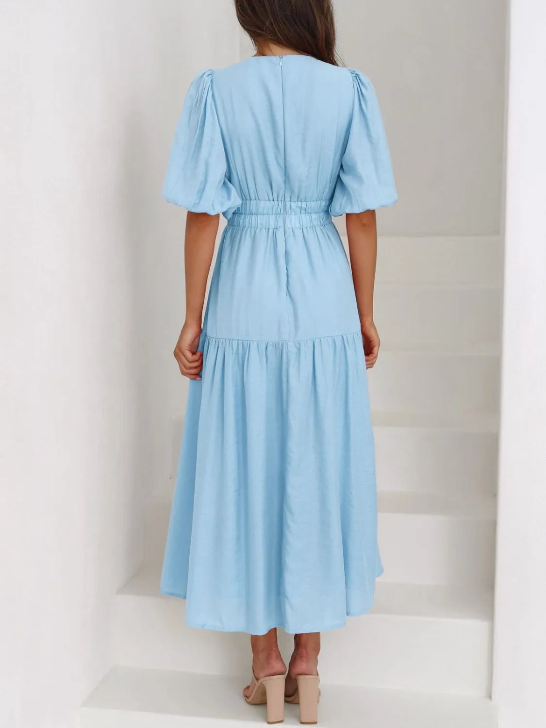 V-Neck Puff Sleeve Midi Dress - Lookzlike