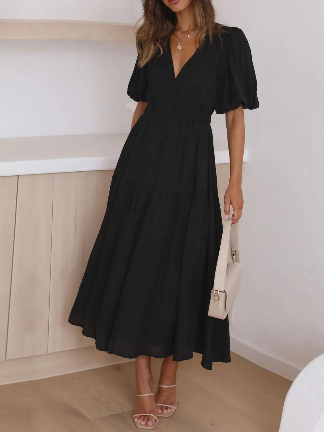 V-Neck Puff Sleeve Midi Dress - Lookzlike