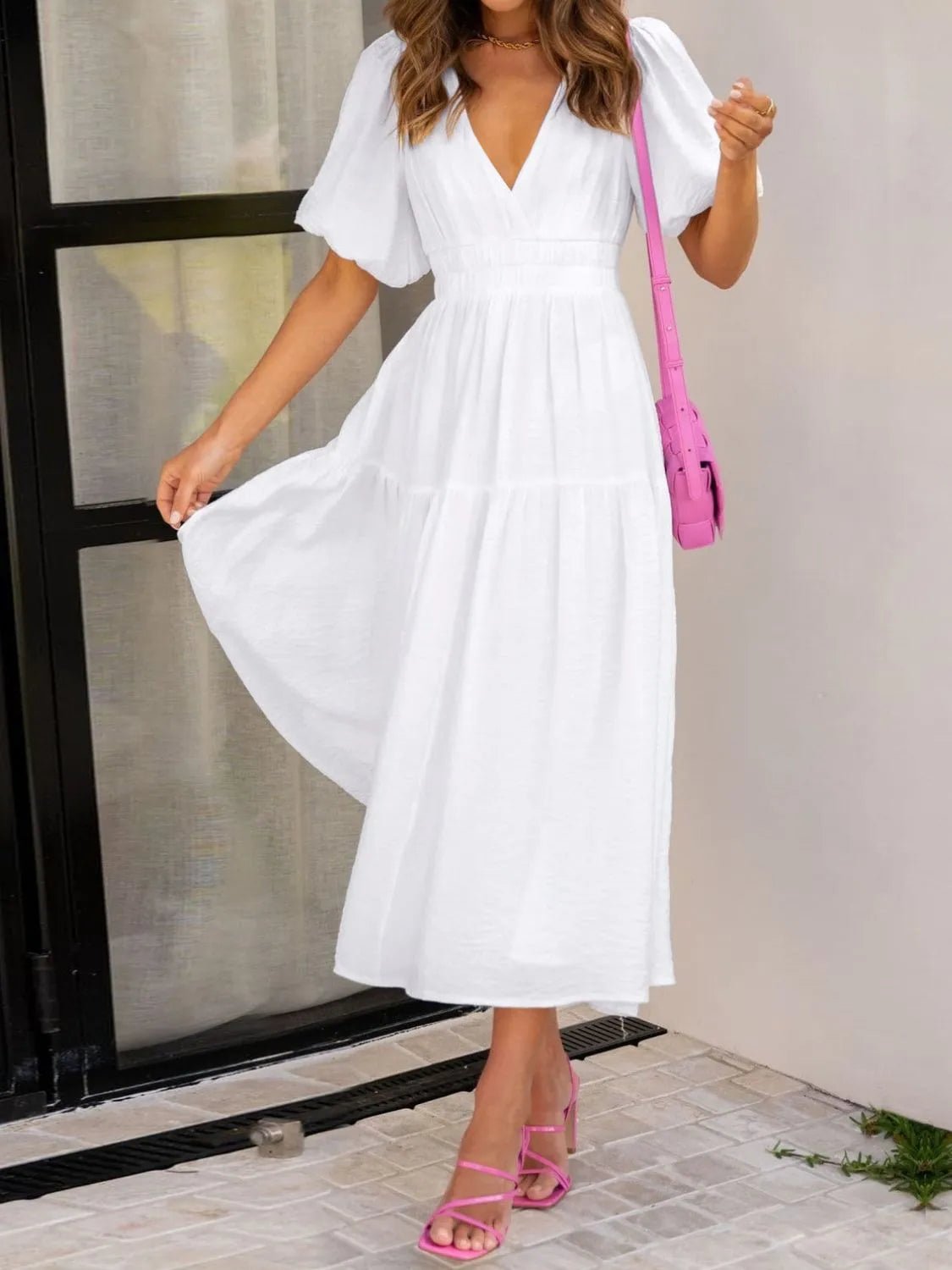 V-Neck Puff Sleeve Midi Dress - Lookzlike