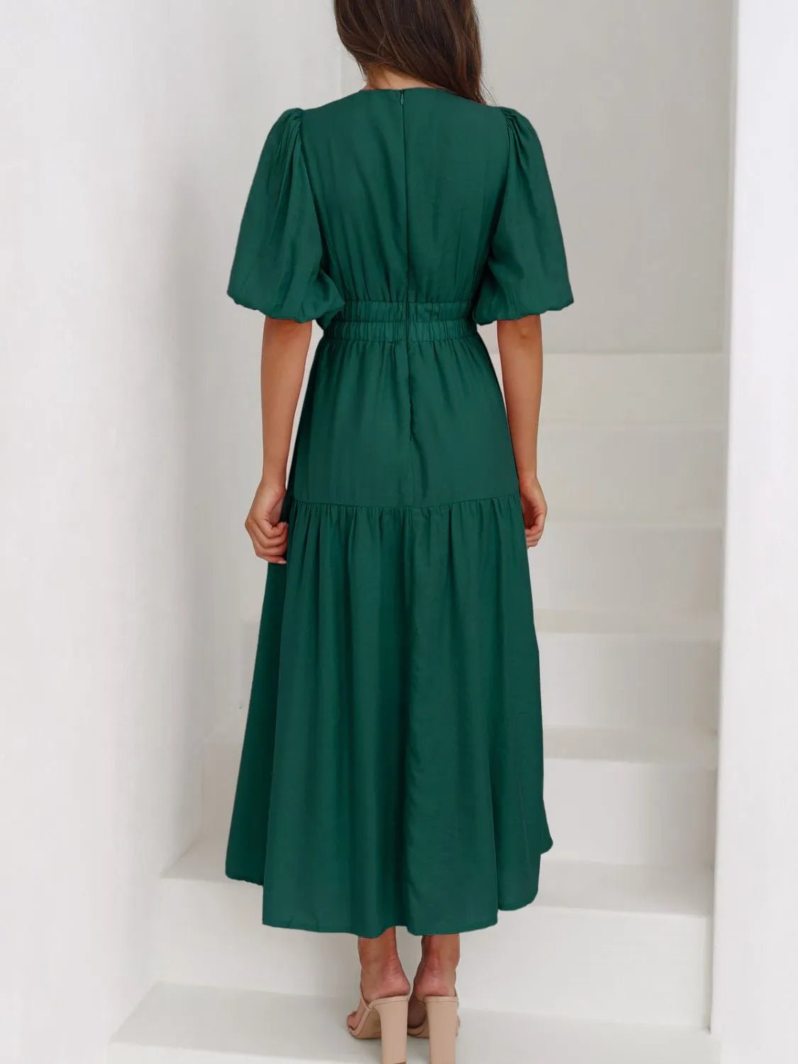 V-Neck Puff Sleeve Midi Dress - Lookzlike