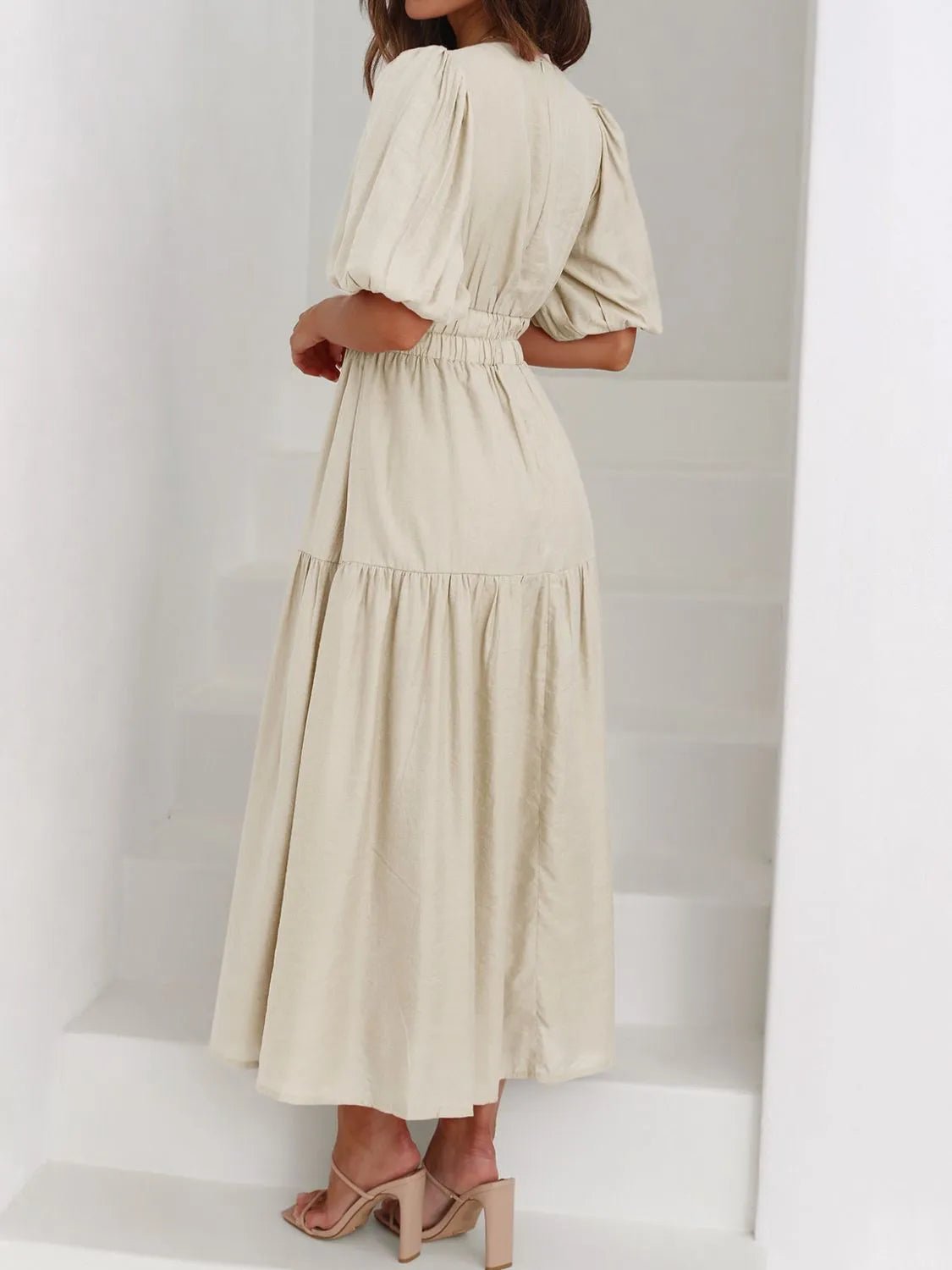 V-Neck Puff Sleeve Midi Dress - Lookzlike