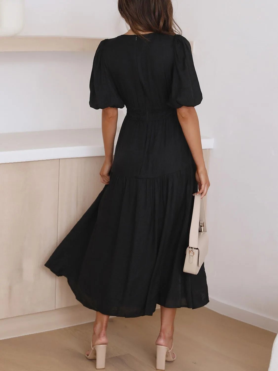 V-Neck Puff Sleeve Midi Dress - Lookzlike