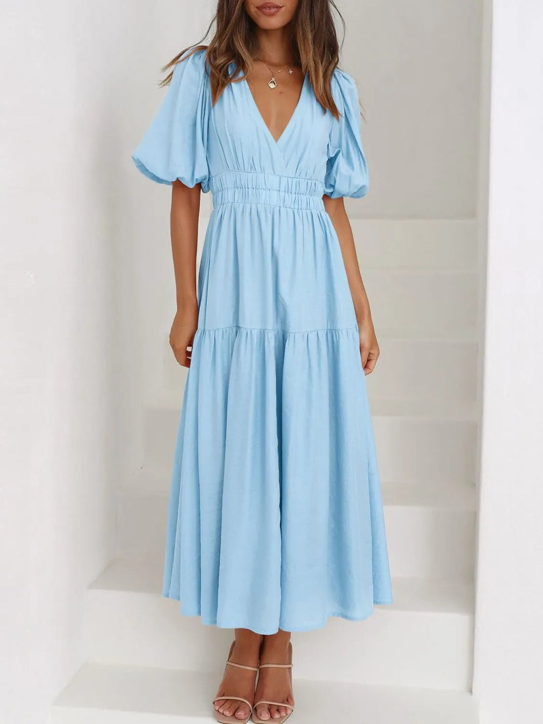 V-Neck Puff Sleeve Midi Dress - Lookzlike