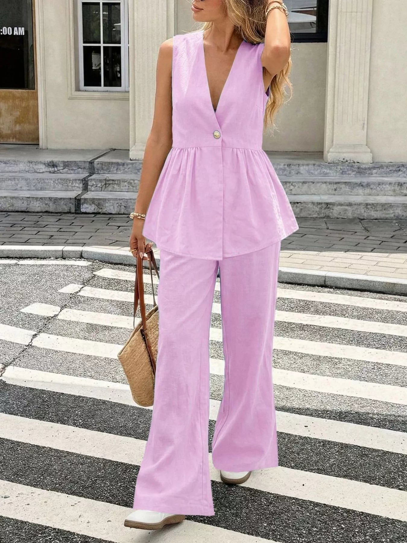 V-Neck Sleeveless Peplum Top and Wide-Leg Pants Set designed for comfort and style at Lookzlike
