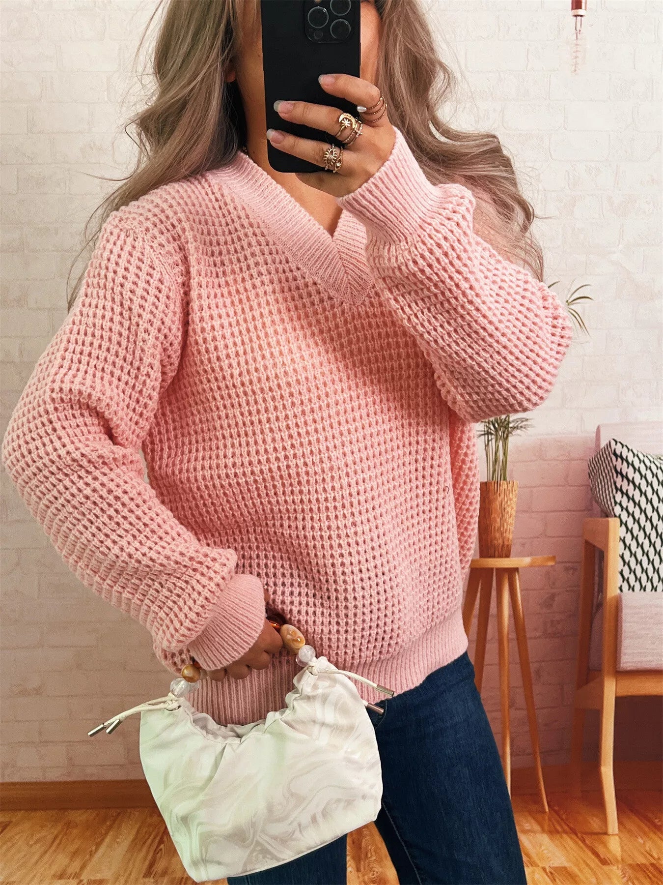 V - Neck Textured Knit Sweater designed for comfort and style at Lookzlike