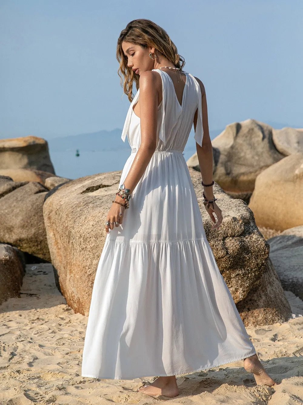 V-Neck Tie Shoulder Crochet Maxi Dress - Lookzlike