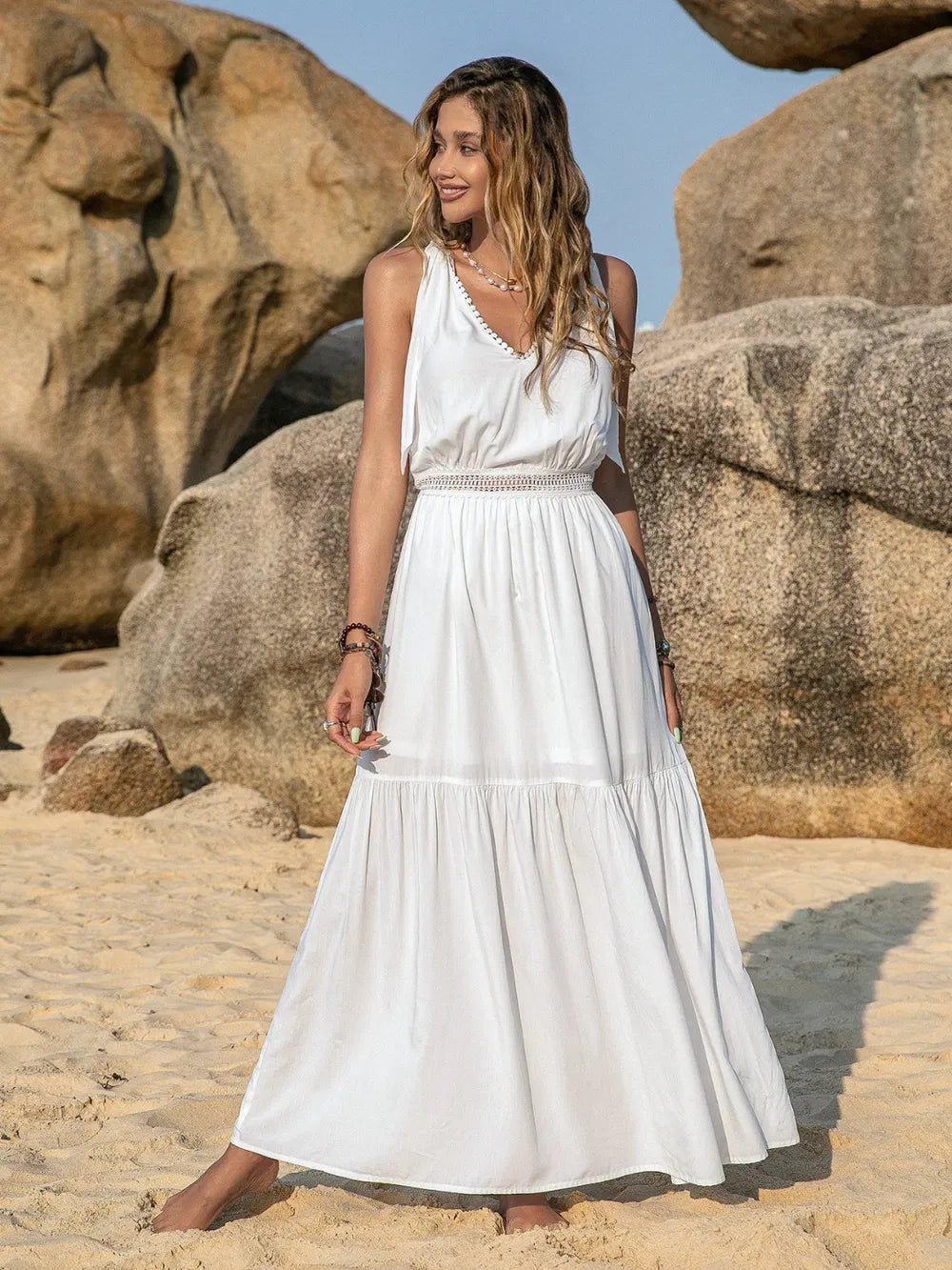 V-Neck Tie Shoulder Crochet Maxi Dress - Lookzlike