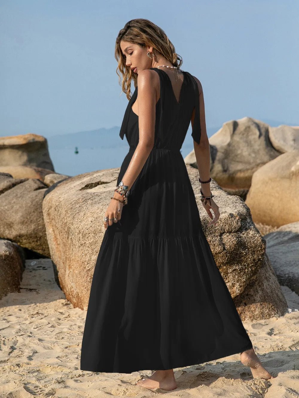 V-Neck Tie Shoulder Crochet Maxi Dress - Lookzlike