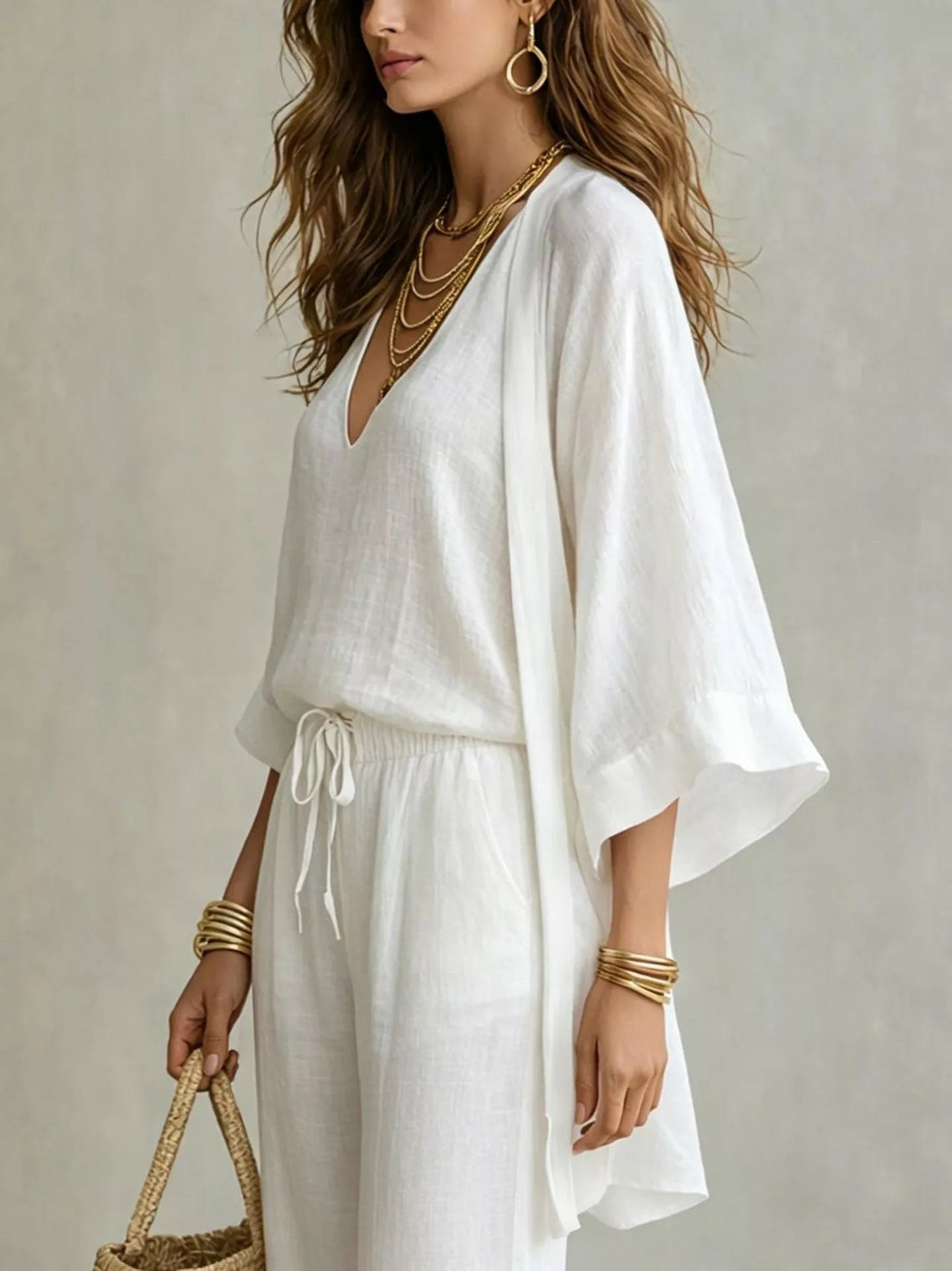 V-Neck Top & Cardigan & Pants Three-Piece Set designed for comfort and style at Lookzlike