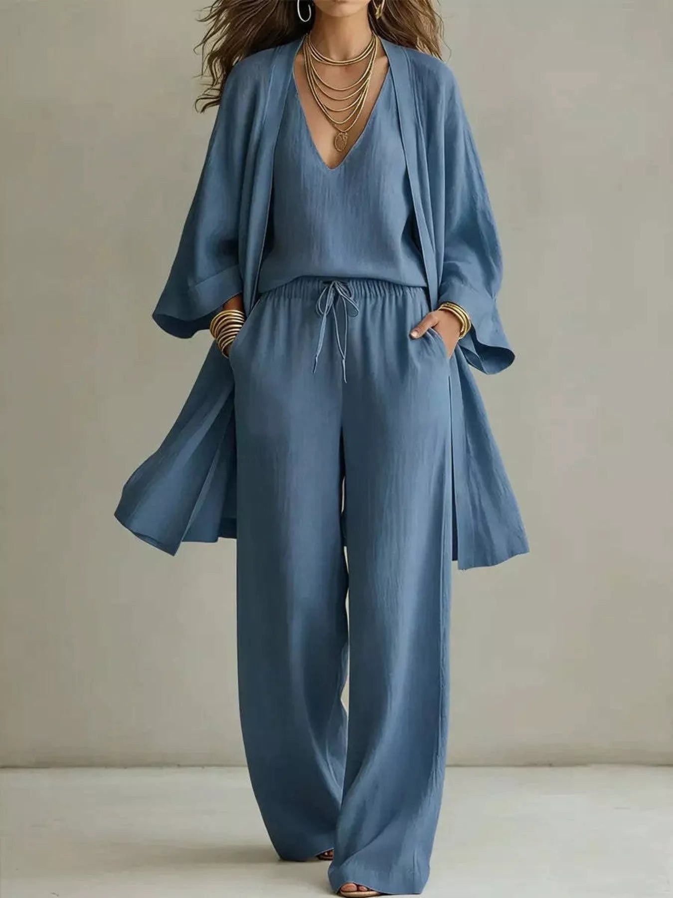 V-Neck Top & Cardigan & Pants Three-Piece Set designed for comfort and style at Lookzlike