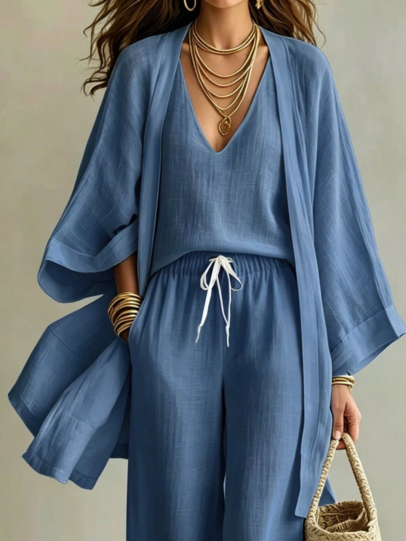 V-Neck Top & Cardigan & Pants Three-Piece Set designed for comfort and style at Lookzlike