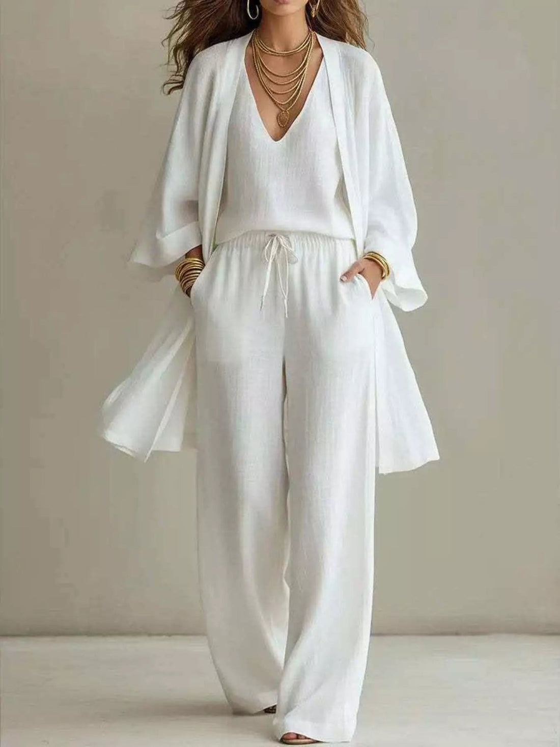 V-Neck Top & Cardigan & Pants Three-Piece Set designed for comfort and style at Lookzlike