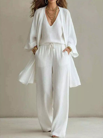 V-Neck Top & Cardigan & Pants Three-Piece Set designed for comfort and style at Lookzlike