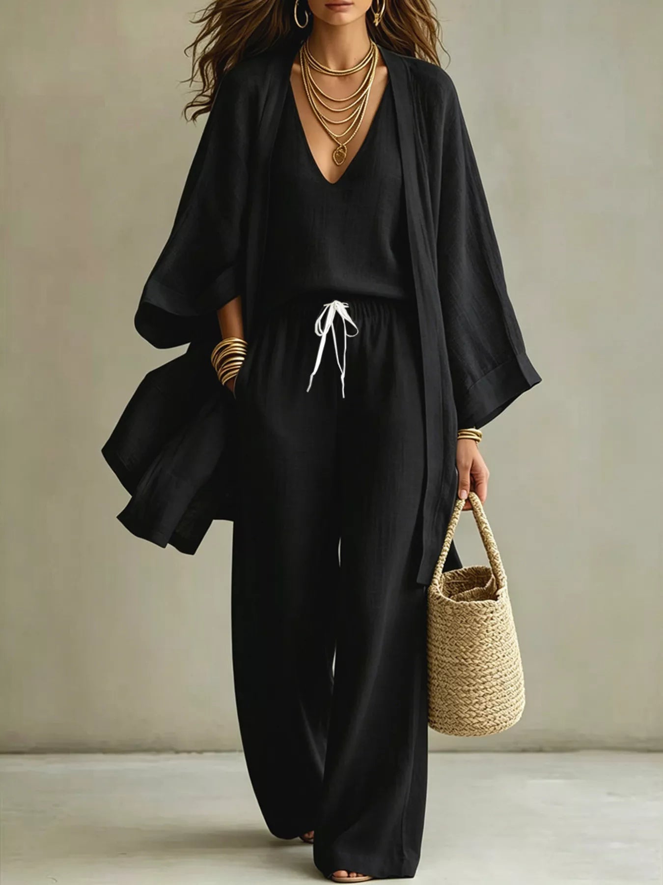 V-Neck Top & Cardigan & Pants Three-Piece Set designed for comfort and style at Lookzlike