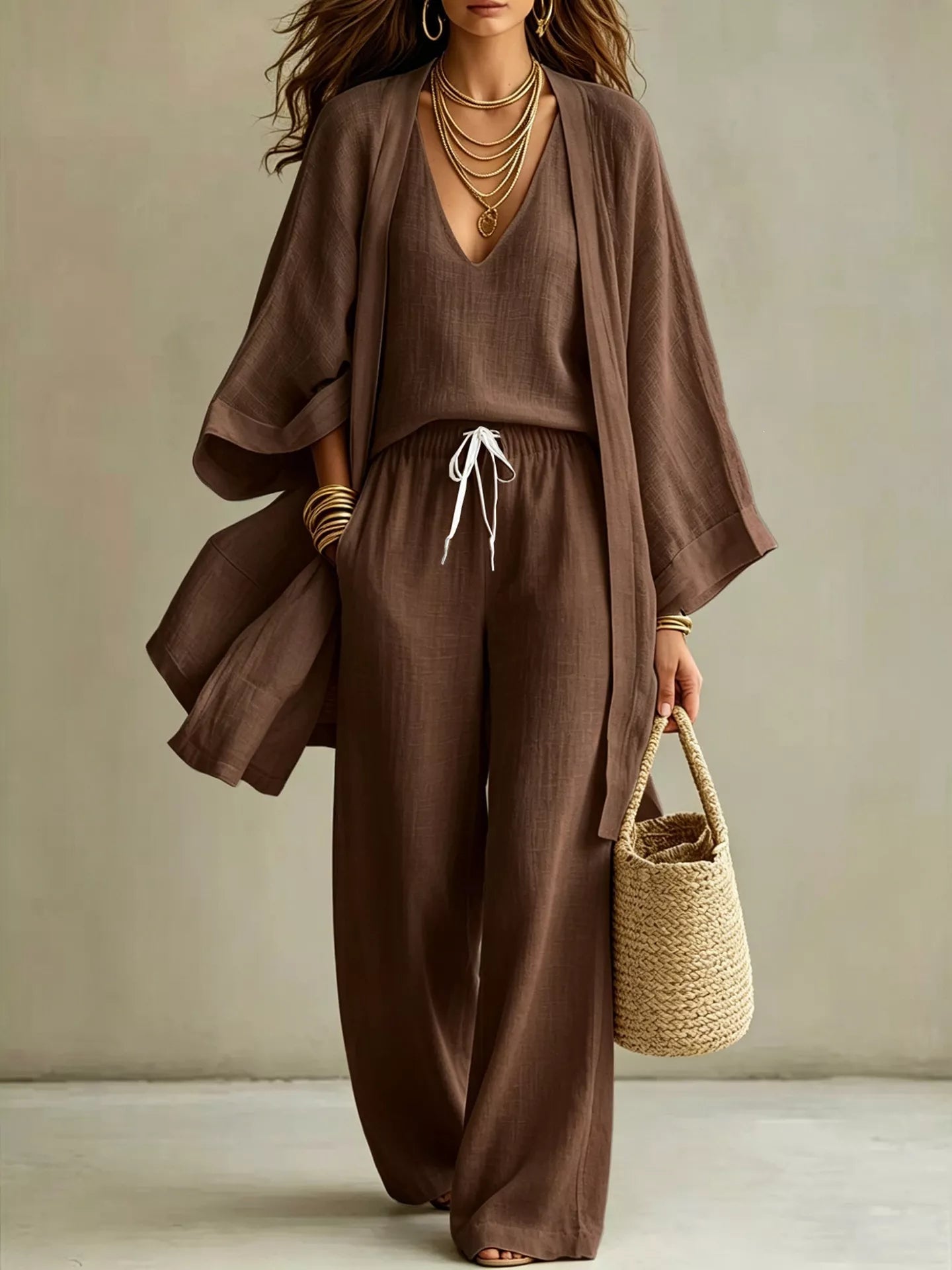 V-Neck Top & Cardigan & Pants Three-Piece Set designed for comfort and style at Lookzlike