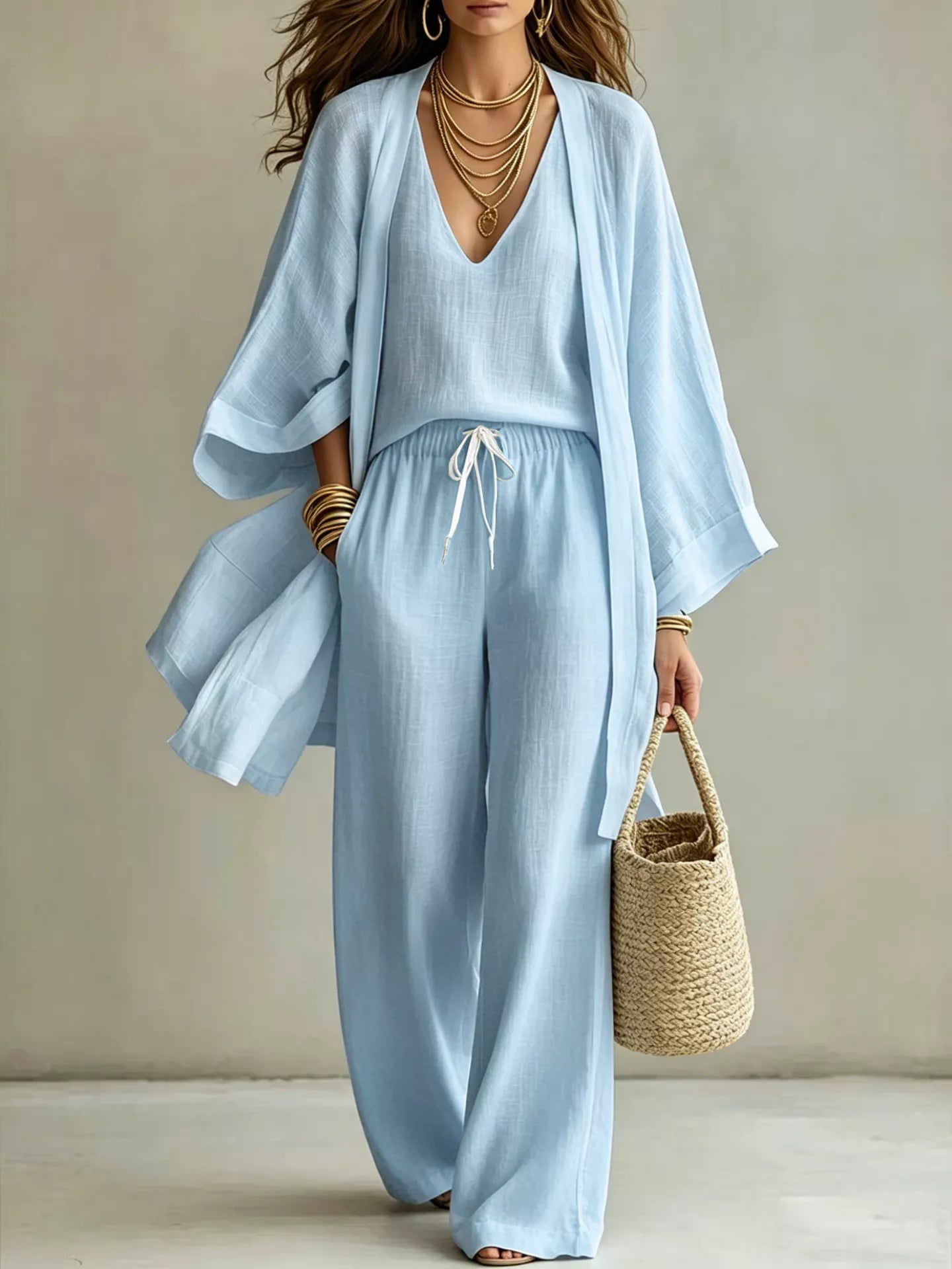 V-Neck Top & Cardigan & Pants Three-Piece Set designed for comfort and style at Lookzlike
