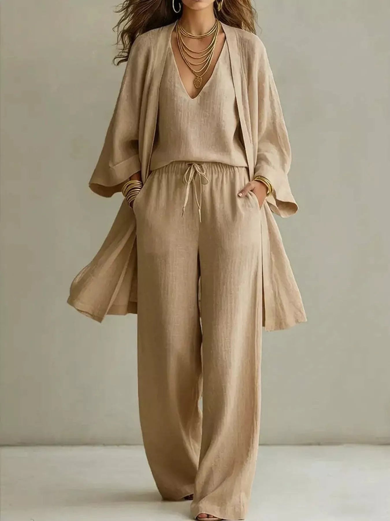 V-Neck Top & Cardigan & Pants Three-Piece Set designed for comfort and style at Lookzlike