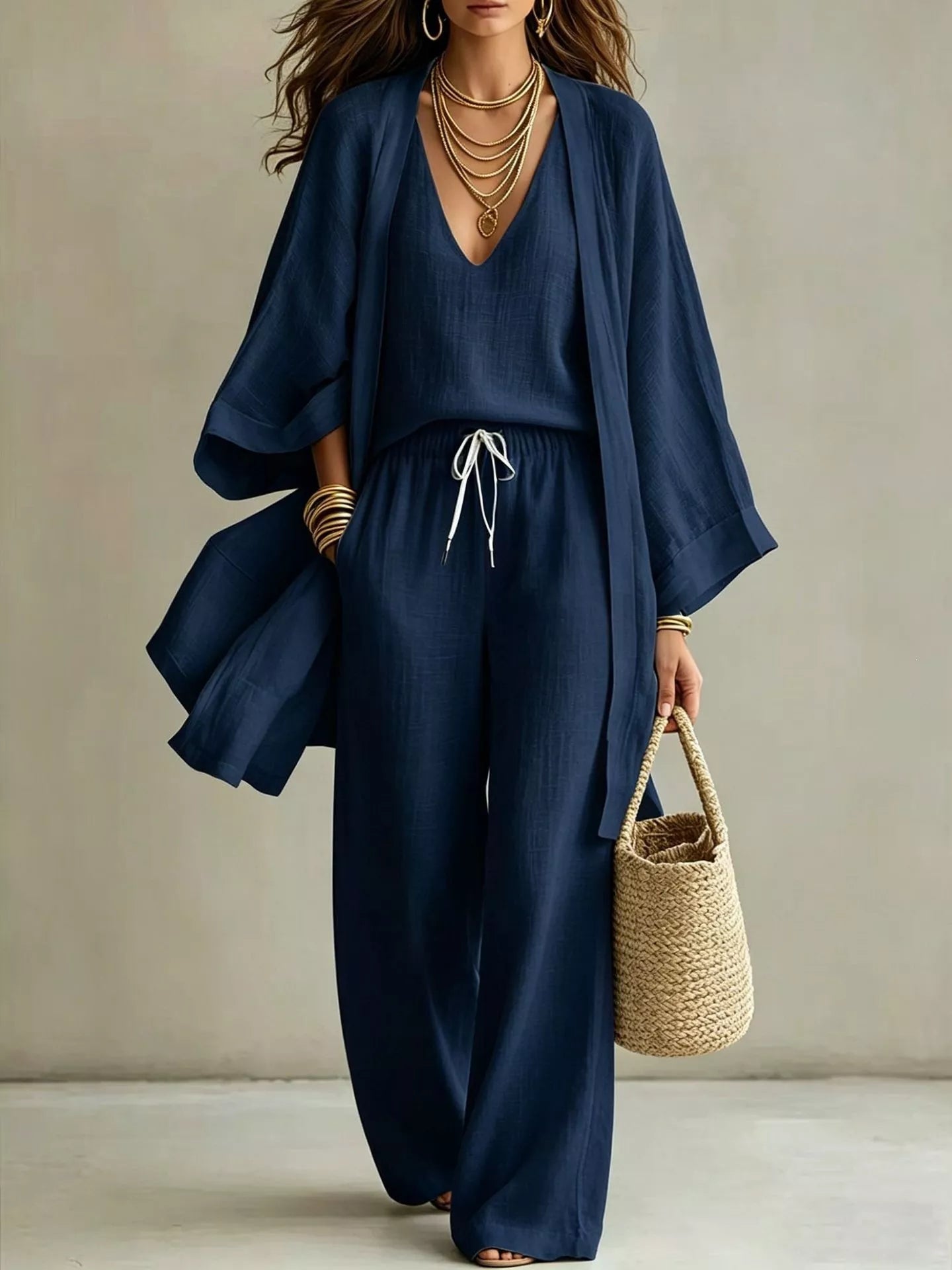 V-Neck Top & Cardigan & Pants Three-Piece Set designed for comfort and style at Lookzlike