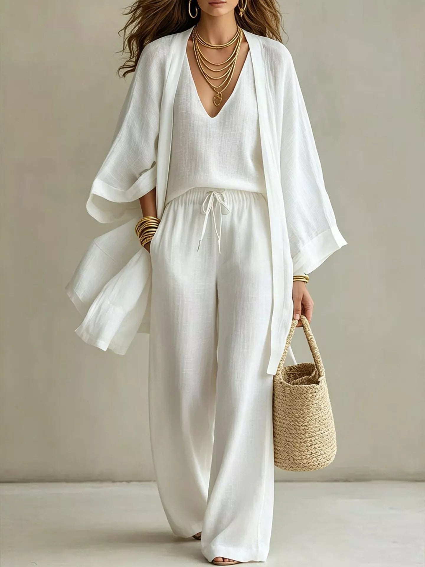 V-Neck Top & Cardigan & Pants Three-Piece Set designed for comfort and style at Lookzlike