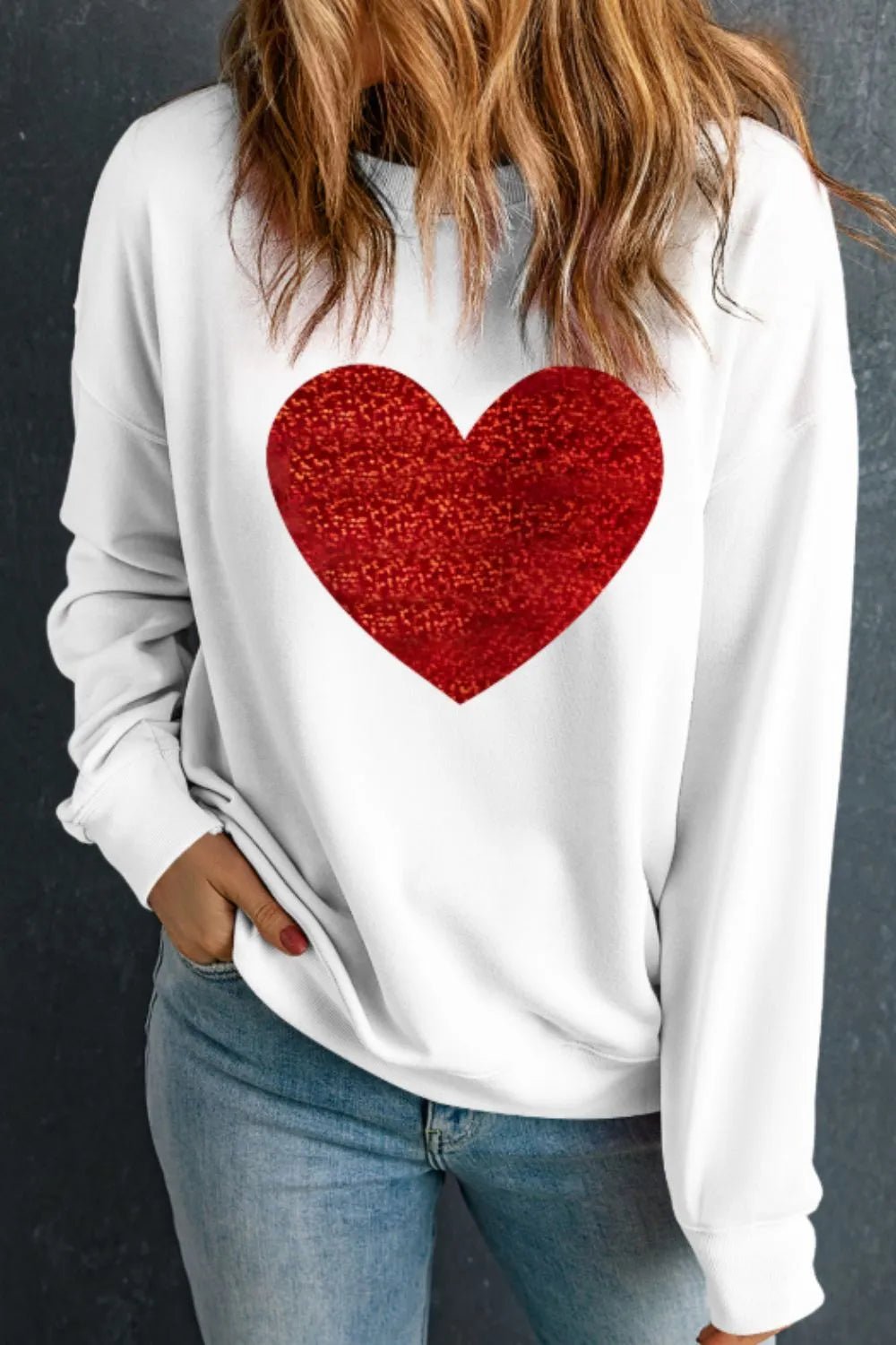 Valentine’s Day Heart Round Neck Long Sleeve Sweatshirt designed for comfort and style at Lookzlike