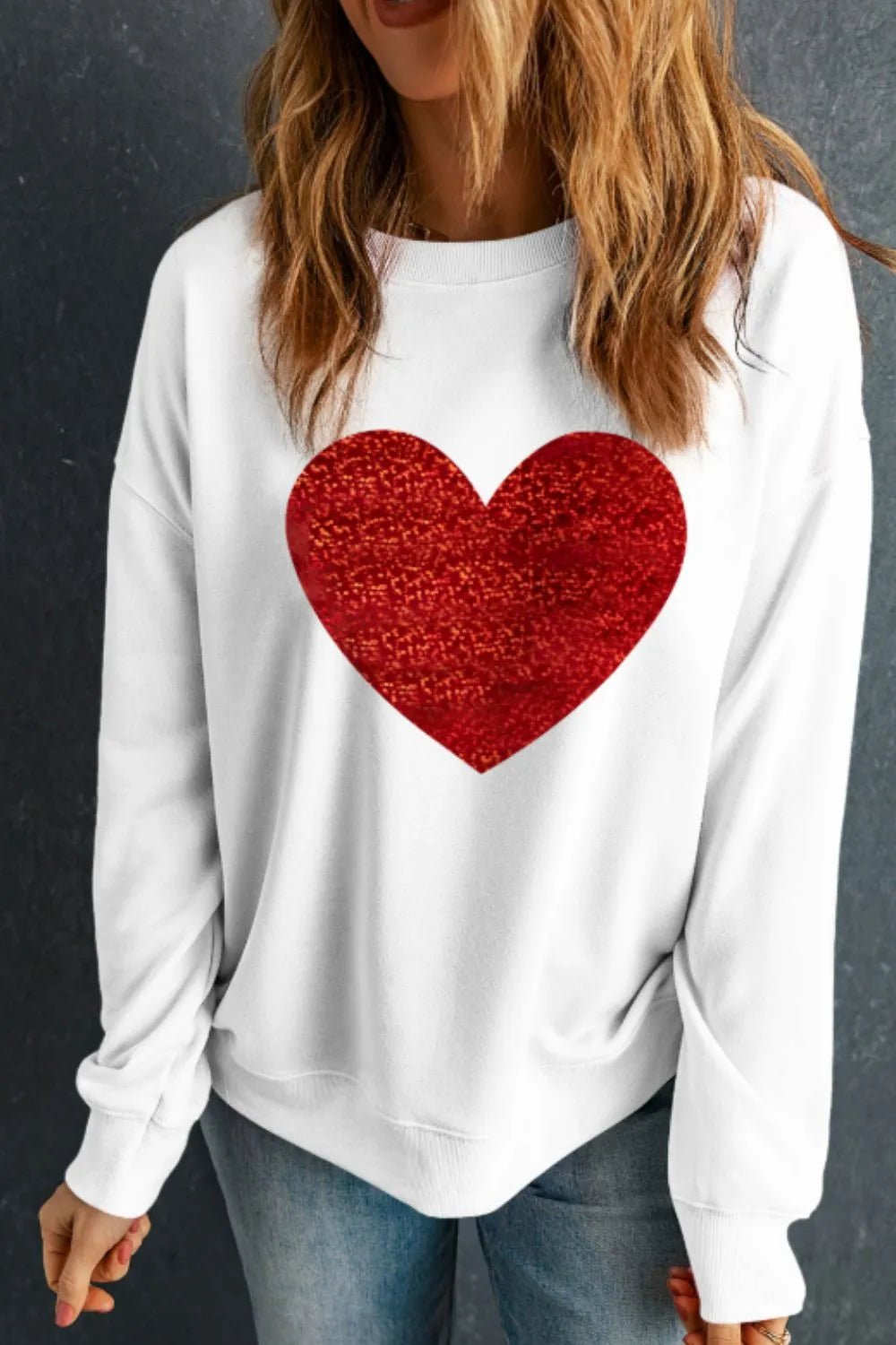 Valentine’s Day Heart Round Neck Long Sleeve Sweatshirt designed for comfort and style at Lookzlike