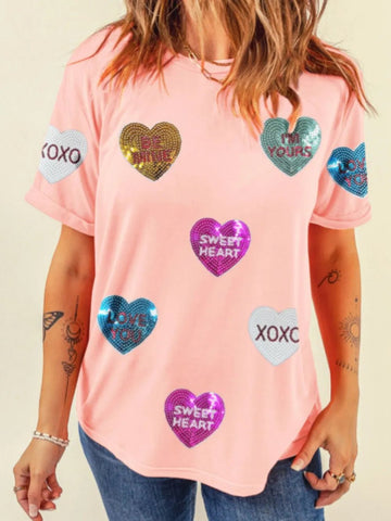 Valentine’s Day Sequin Heart Round Neck Short Sleeve T-Shirt designed for comfort and style at Lookzlike