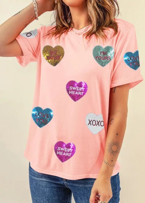Valentine’s Day Sequin Heart Round Neck Short Sleeve T-Shirt designed for comfort and style at Lookzlike