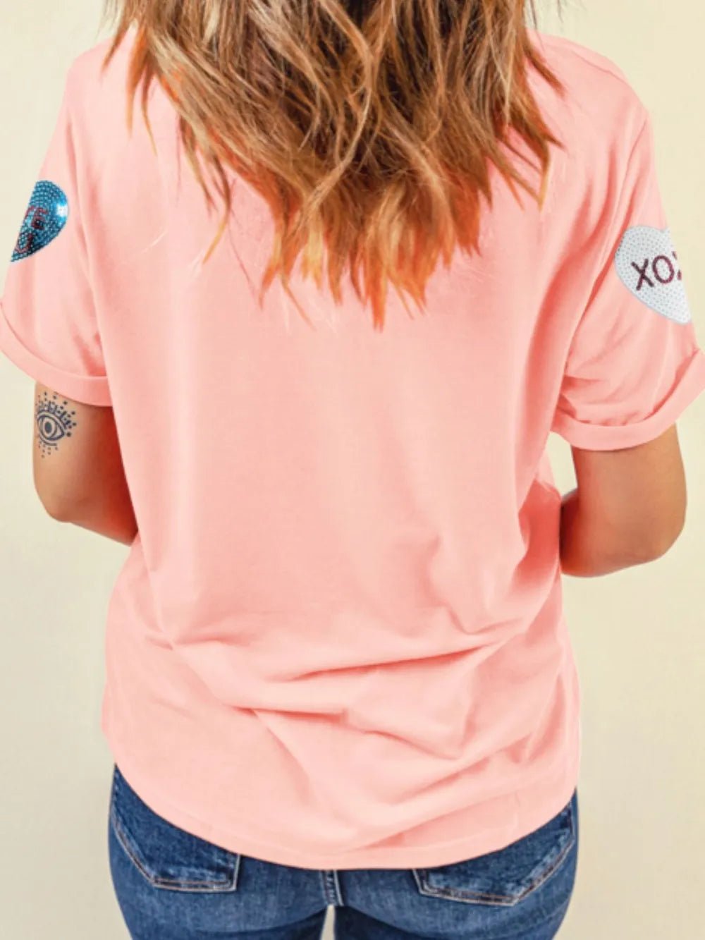 Valentine’s Day Sequin Heart Round Neck Short Sleeve T-Shirt designed for comfort and style at Lookzlike