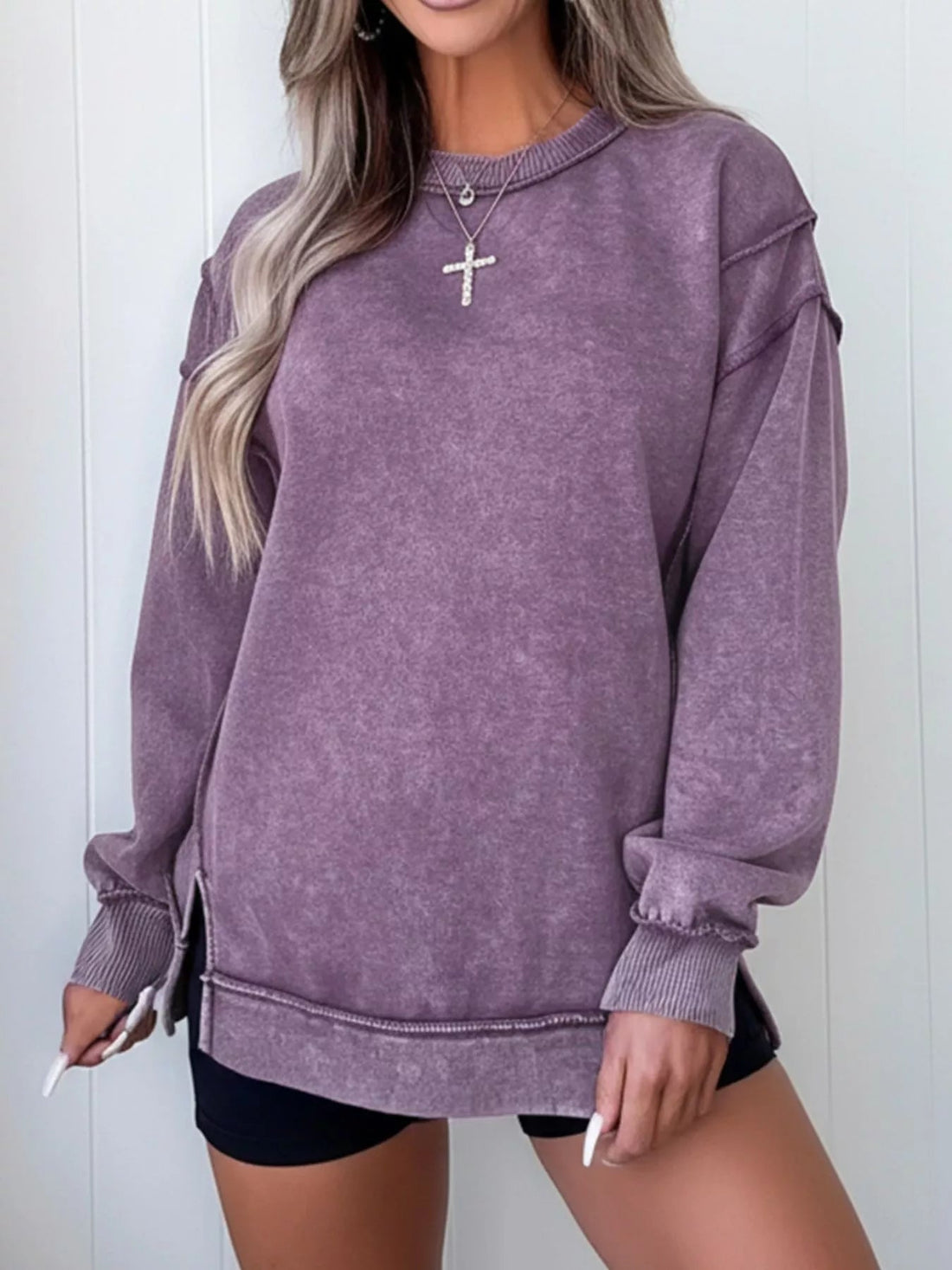 Wash Slit Round Neck Oversized Sweatshirt designed for comfort and style at Lookzlike