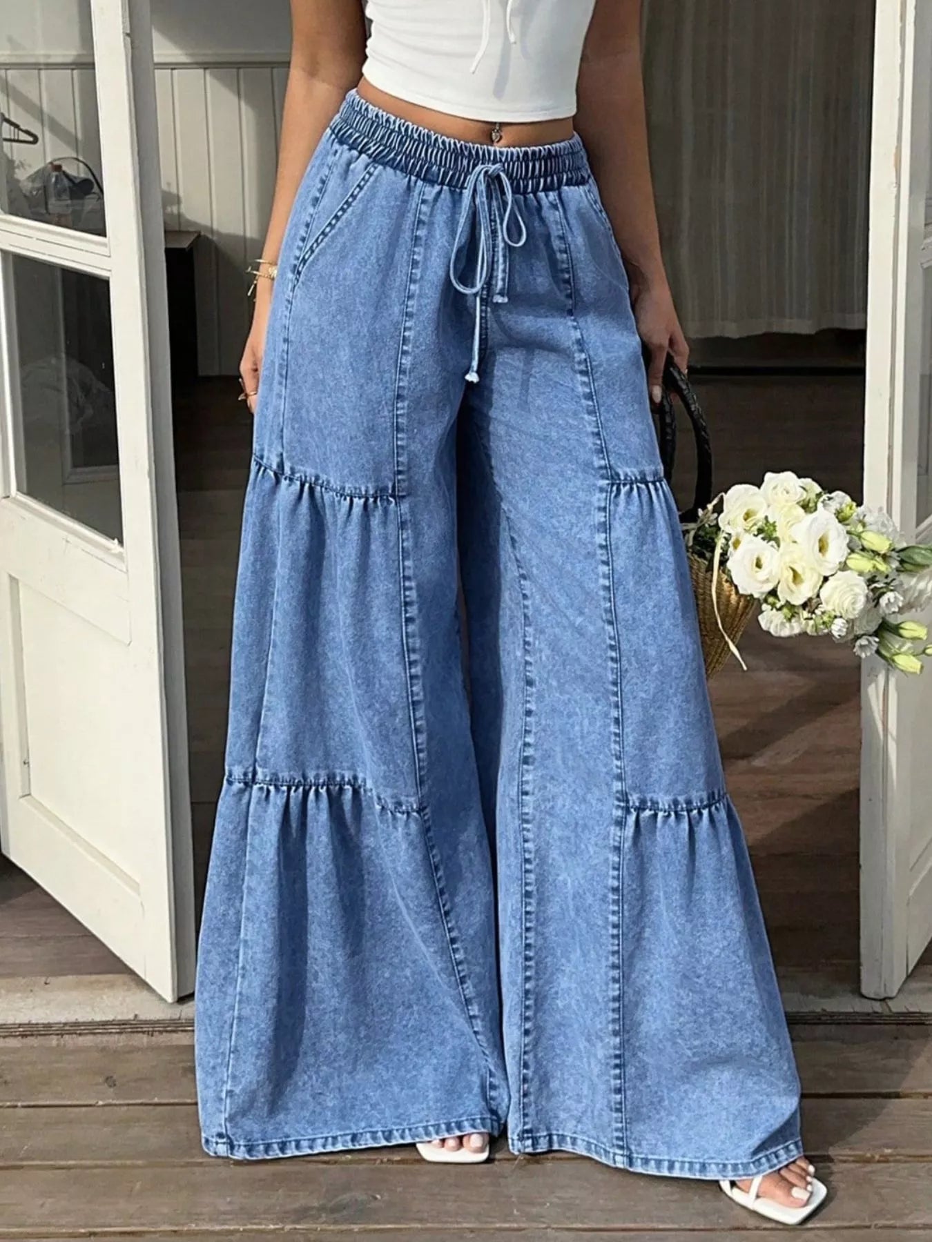 Wide Leg Tiered Jeans designed for comfort and style at Lookzlike