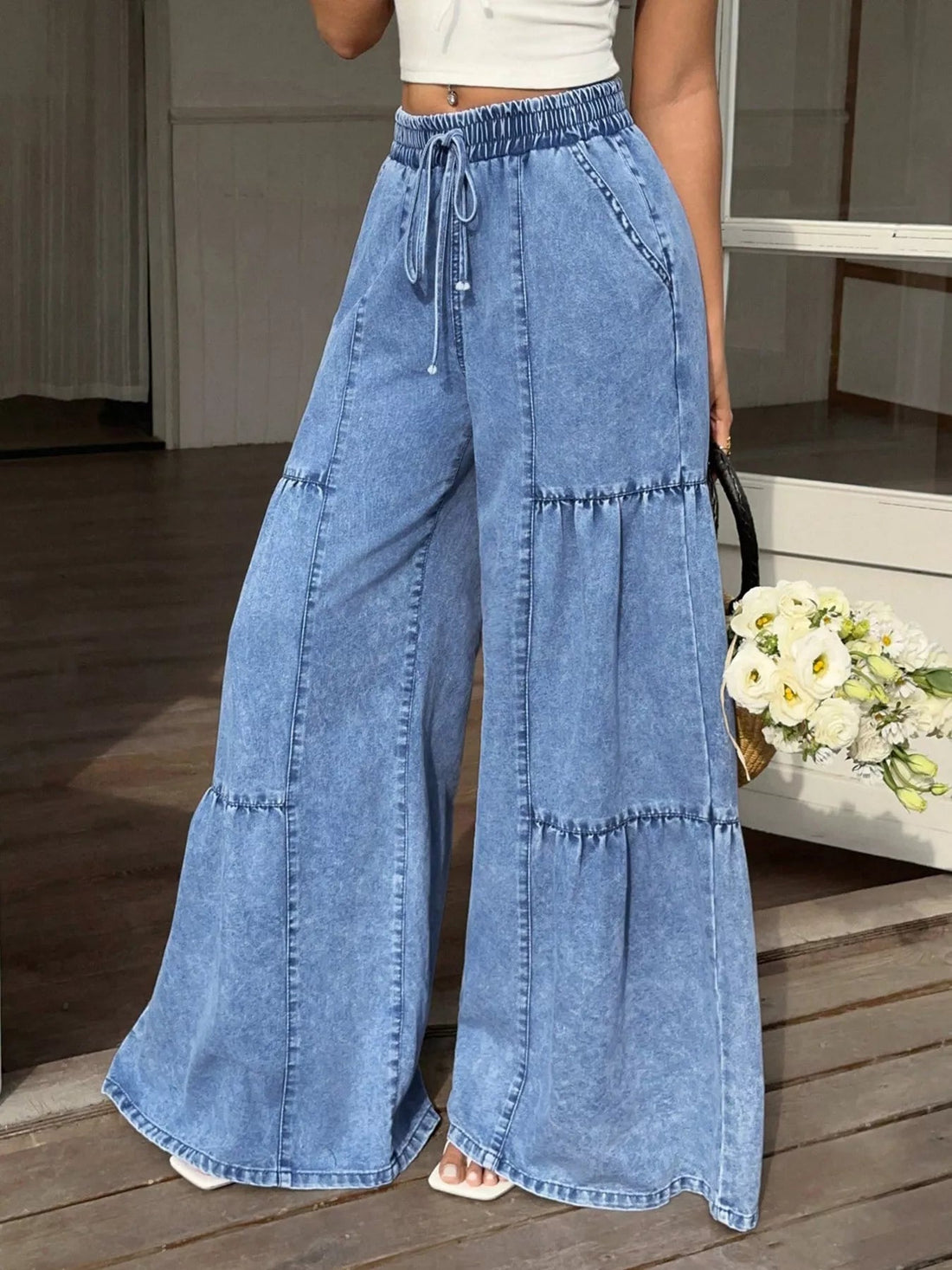 Wide Leg Tiered Jeans designed for comfort and style at Lookzlike