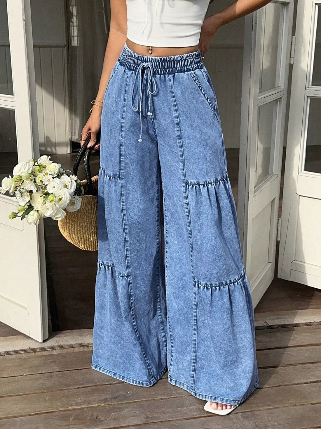 Wide Leg Tiered Jeans designed for comfort and style at Lookzlike