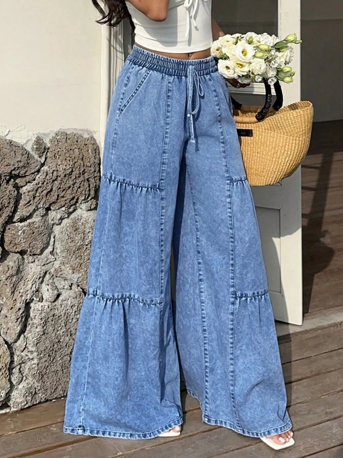 Wide Leg Tiered Jeans designed for comfort and style at Lookzlike