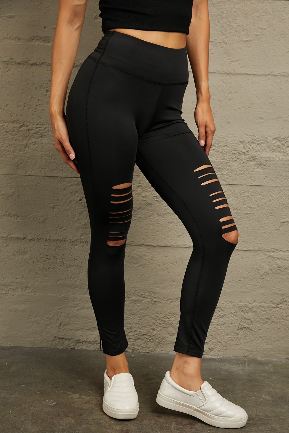 Wide Waistband Distressed Slim Fit Leggings - Lookzlike