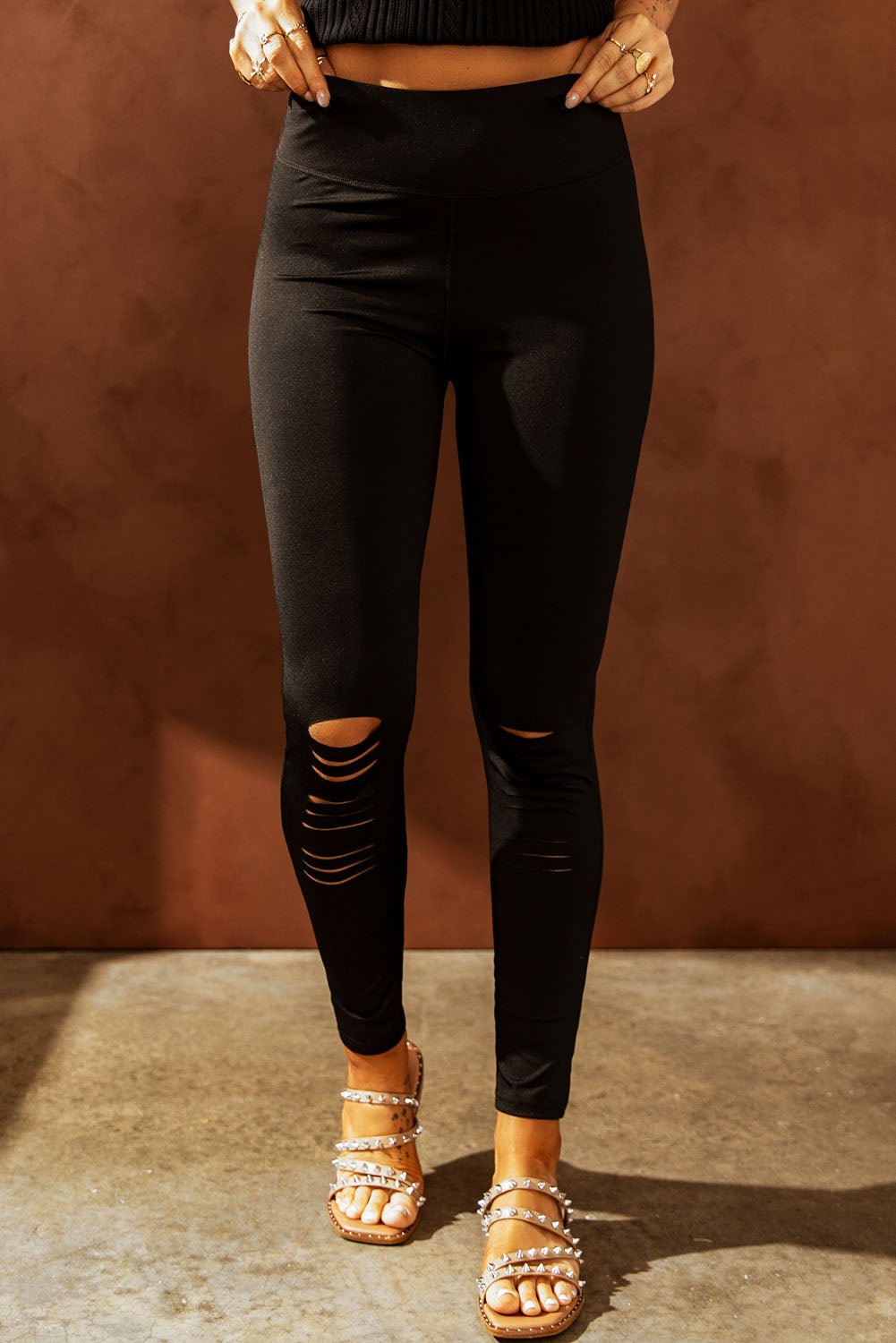 Wide Waistband Distressed Slim Fit Leggings - Lookzlike