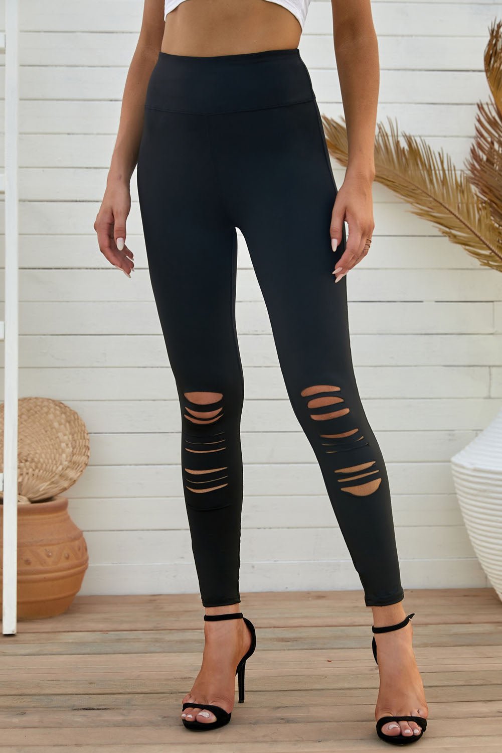 Wide Waistband Distressed Slim Fit Leggings - Lookzlike
