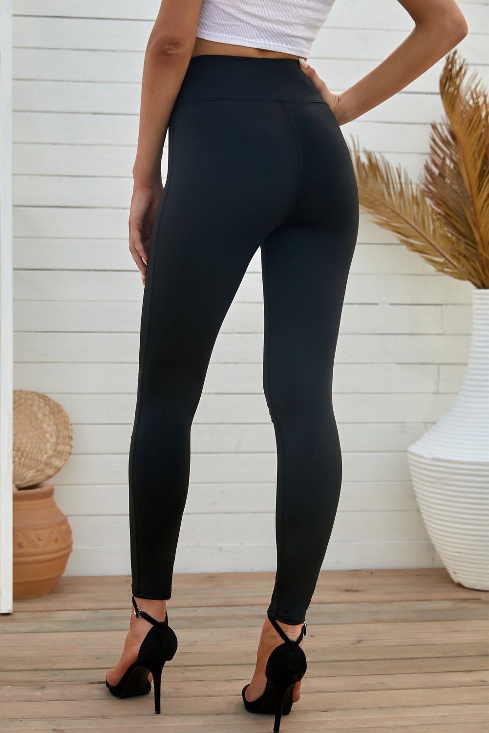 Wide Waistband Distressed Slim Fit Leggings - Lookzlike