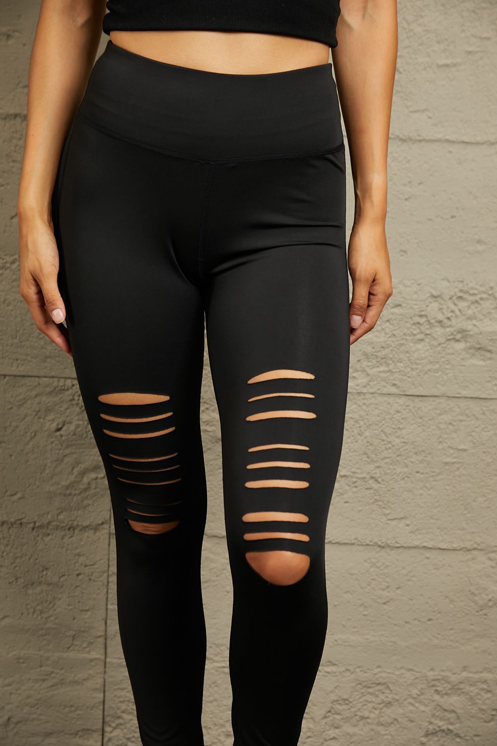 Wide Waistband Distressed Slim Fit Leggings - Lookzlike