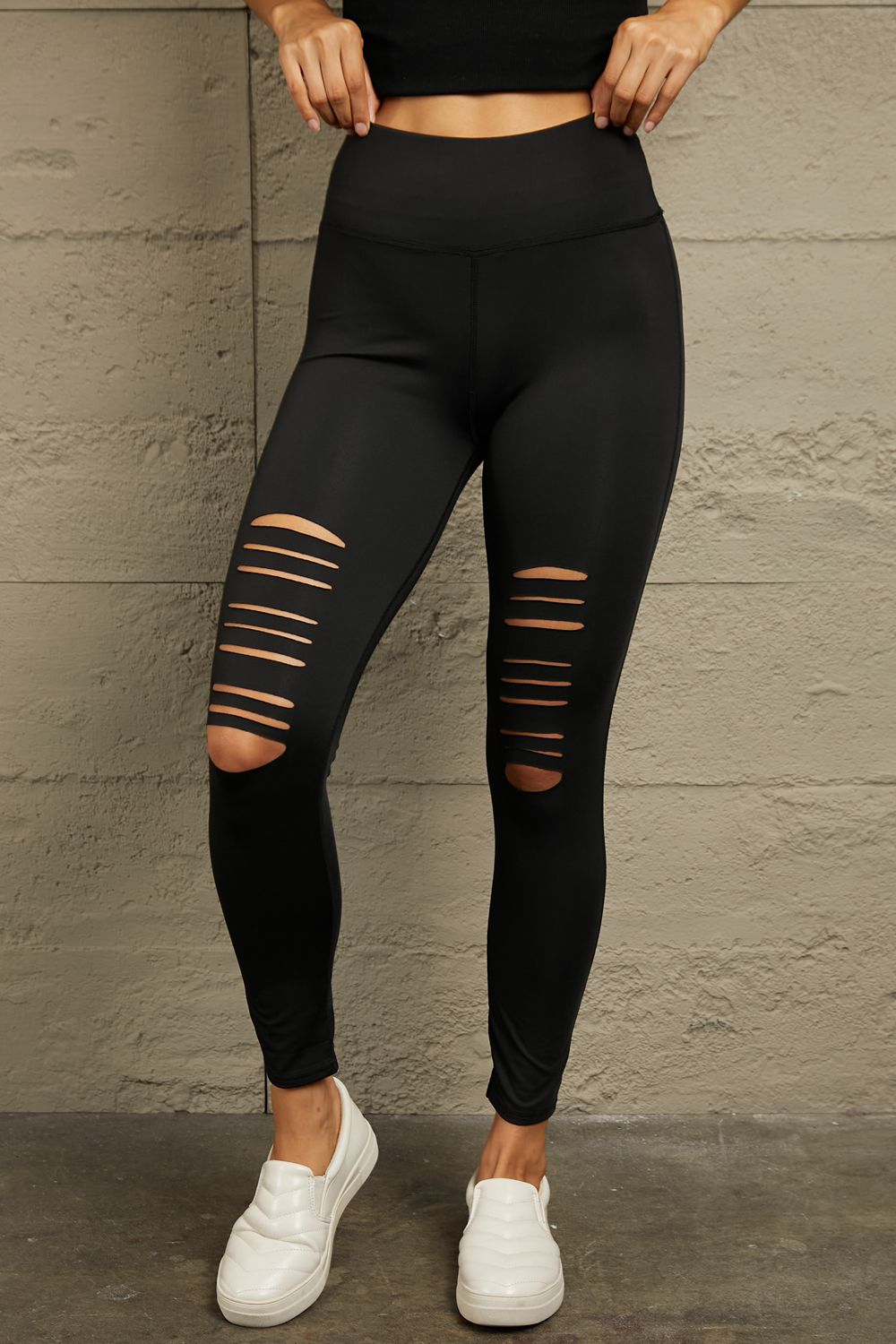 Wide Waistband Distressed Slim Fit Leggings - Lookzlike