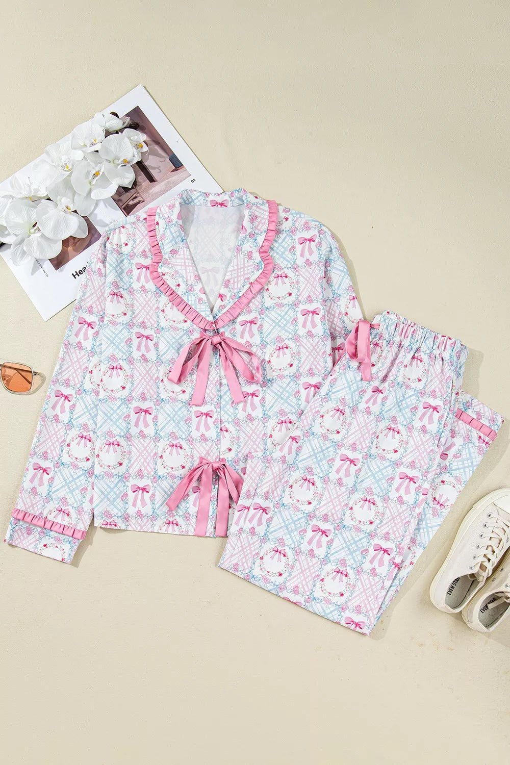 Wreath Pattern Christmas Tied Front Long Sleeve 2pcs Pajama Set designed for comfort and style at Lookzlike