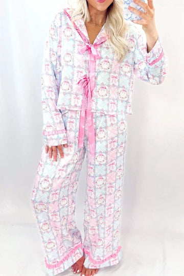 Wreath Pattern Christmas Tied Front Long Sleeve 2pcs Pajama Set designed for comfort and style at Lookzlike