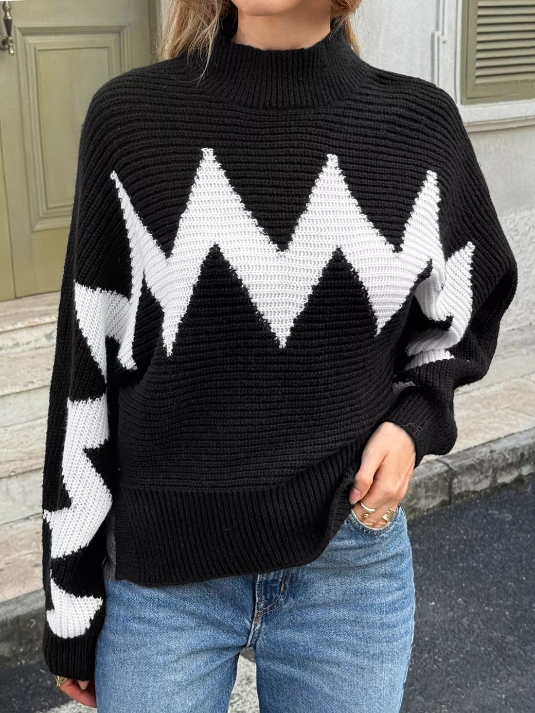 Zigzag Pattern Mock Neck Sweater designed for comfort and style at Lookzlike