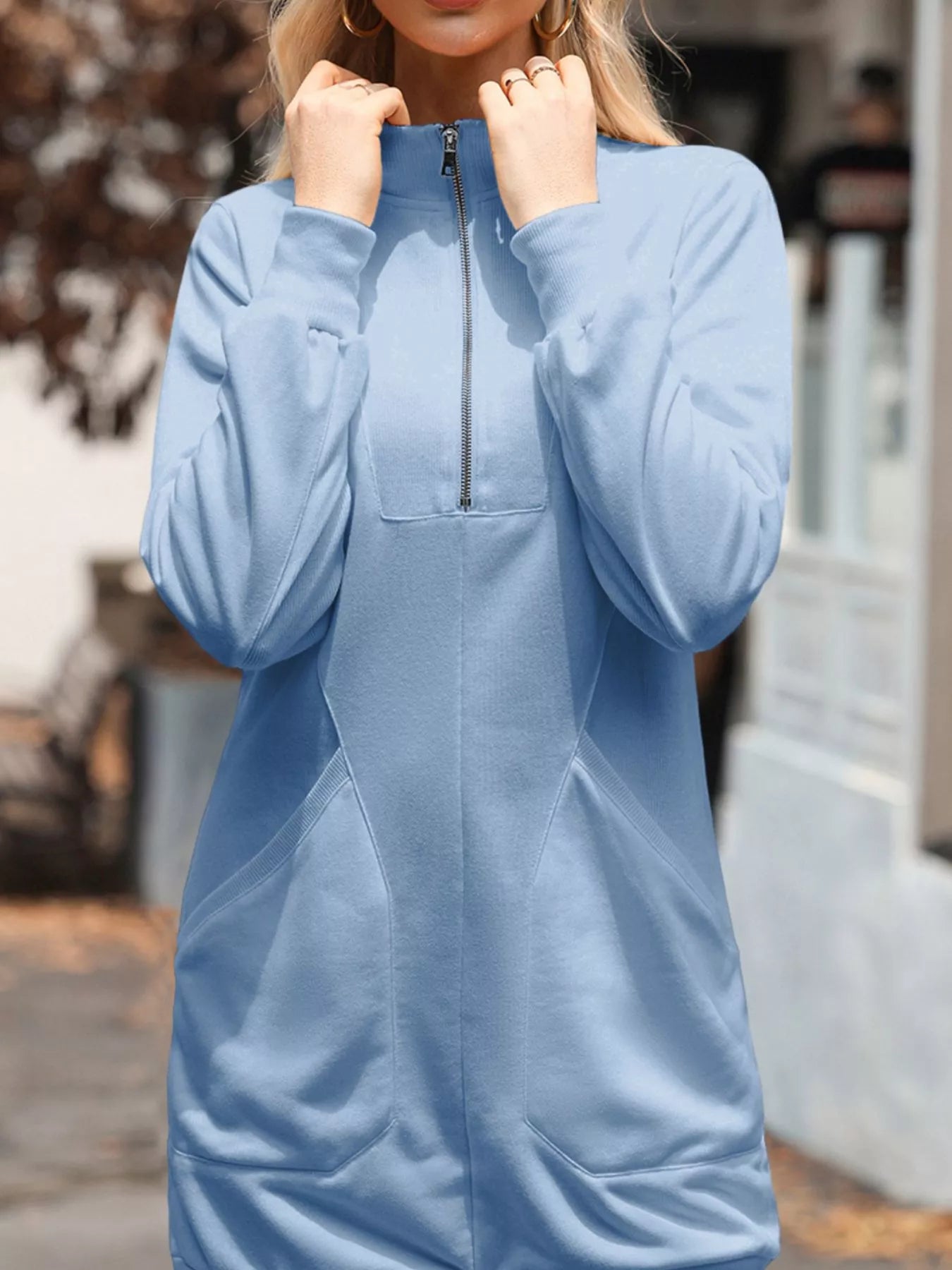 Zip Up Collared Ribbed Patchwork Sweatshirt Dress with Pockets designed for comfort and style at Lookzlike